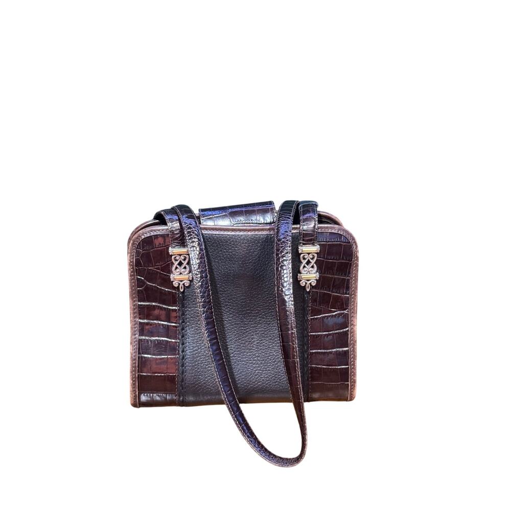 Vintage BRIGHTON Choco Brown Croc-Embossed & Black Leather small tote